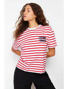 Trendyol Red-White Striped Slogan Embroidery Detailed Relaxed/Comfortable Fit Knitted T-Shirt