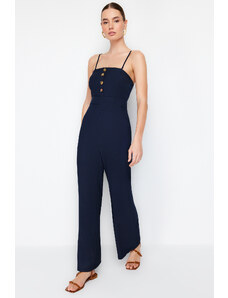 Trendyol Navy Blue Maxi Woven Jumpsuit with Removable Straps and Button Detail