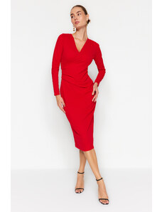 Trendyol Collection Červený dvojradový golier s dlhým rukávom Gather Detailne vypasované midi pletené šaty