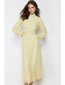 Trendyol Modest Žlté kvetinové šaty s vysokým golierom v páse, detailne podšité šifónom, tkané šaty
