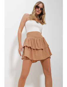 Trend Alaçatı Stili Women's Beige Tiered Flounce Hidden Zippered Inner Lined Cotton Linen Skirt