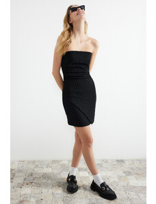 Trendyol Black Striped Strapless Bodycone/Fitted Stretchy Knitted Midi Dress
