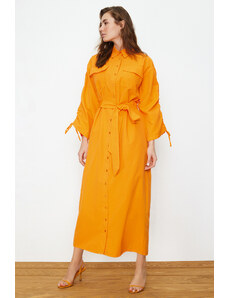 Trendyol Modest Oranžové bavlnené tkané košeľové šaty s pásom a nastaviteľnými rukávmi