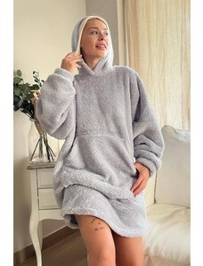 Pijamaevi Šedé plyšové pyžamové pončo s kapucňou