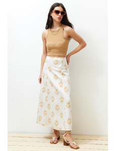 Trendyol Collection Ecru Kvetinový vzor A-Line Midi dĺžka Tkaná ľanová zmesová sukňa
