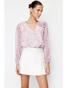 Trendyol Pink Crop Lined Rose Detail Floral Chiffon Woven Blouse