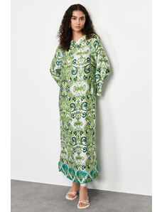 Trendyol Modest Zelené saténové večerné šaty s etnickým vzorom