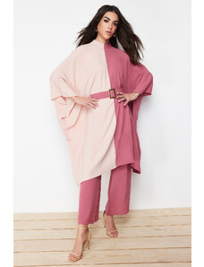 Trendyol Pale Pink Color Block Waist Belted Tunic-Pants Woven Suit