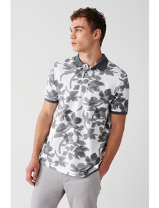 Avva Men's Anthracite 100% Cotton Floral Print Regular Fit 2 Button Polo Neck T-shirt
