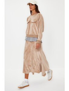 Trendyol Light Brown Velvet Undershirt Compression Detailed Knitted Skirt Two Piece Set