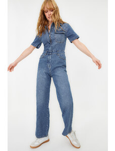 Trendyol Collection Modrý džínsový overal s krátkym rukávom