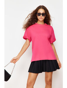 Trendyol Collection Fuchsiová 100 % bavlna Premium Oversize/Wide Fit Pletené tričko s výstrihom