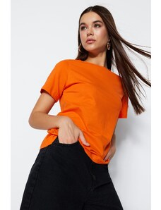 Trendyol Collection Oranžové 100 % bavlna Základné pletené tričko s výstrihom