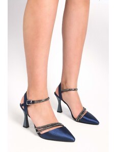 Shoeberry Dámske saténové kamienkové topánky na podpätku Madeliyn Navy Blue