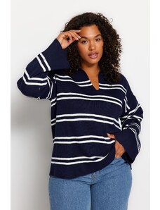 Trendyol Curve Pruhovaný pletený sveter v námorníckej modrej