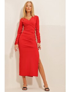 Trend Alaçatı Stili Women's Red Double-breasted V-Neck Draped Crepe Knitted Dress With A Slit