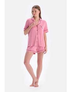 Dagi Súprava pyžamových šortiek s ružovým krátkym rukávom s detailným vyšívaním viskózovej košele