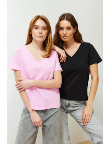 Trendyol Collection Čierno-ružové balenie 100% bavlna Pletené tričko s výstrihom do V