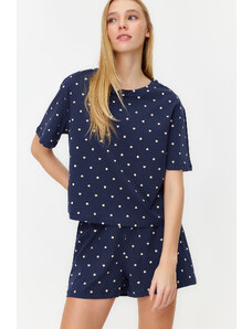 Trendyol Collection Námornícka 100 % bavlna Tričko so vzorom srdca-Šortky Pletené pyžamá Súprava