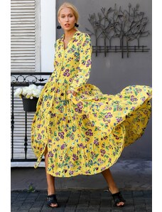 Chiccy Dámsky žltý košeľový golier s kvetinovým vzorom v páse šaty s dlhým rukávom