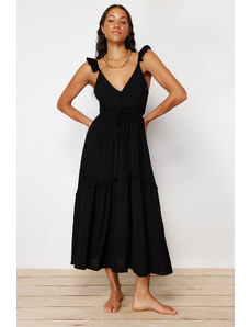 Trendyol Collection Čierne maxi tkané volánikové plážové šaty