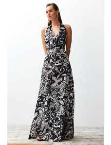 Trendyol Collection Viacfarebný kvetinový vzor Degaje golier tkané saténové dlhé večerné šaty