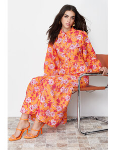 Trendyol Modest Oranžové tkané košeľové šaty s kvetinovým vzorom