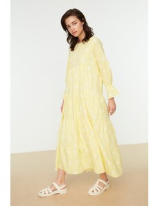 Trendyol Modest Žlté tkané šaty z gumy Gingham s kvetinovou potlačou