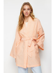 Trendyol Modest Orange Belted Woven Seersucker Stried Kimono & Kaftan