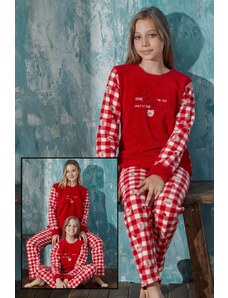 Pijamaevi Červené domáce plyšové pyžamo matka dcéra - dievčenská súprava