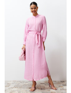Trendyol Modest Ružové košeľové šaty s opaskom s opaskom