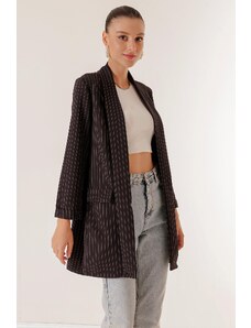 By Saygı Lycra Longitudinal Stripe Long Jacket with Shawl Collar Fake Pockets Oversized