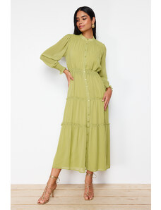 Trendyol Modest Podšité šifónové tkané košeľové šaty so zelenými rukávmi a lemovaným detailom v páse