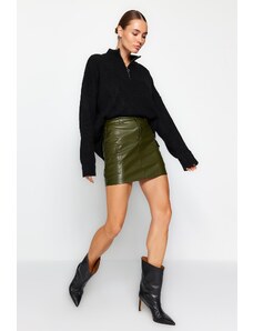 Trendyol Collection Khaki umelá koža s vysokým pásom, priliehavá mini pletená sukňa s nákladnými vreckami