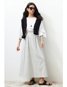 Trendyol Modest Ecru pruhovaná tkaná sukňa ľanového vzhľadu s detailom vrecka