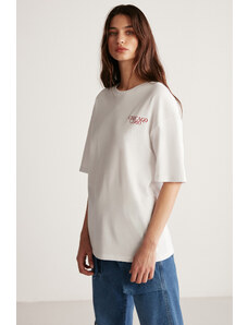 GRIMELANGE Dámske tričko Janna Crew Neck Oversize 100 % bavlna s potlačou bielej/červenej farby