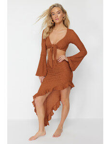 Trendyol Brown Fitted Woven Ruffle Blouse Skirt Set