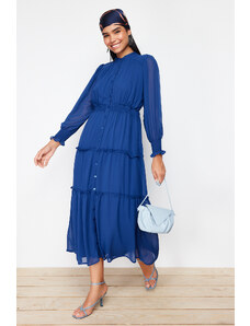 Trendyol Modest Podšité šifónové tkané košeľové šaty s indigovými rukávmi a lemovaným detailom v páse