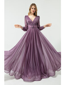 Lafaba Women's Lavender, Double Breasted Collar Glittery Long Flare Evening Dress.