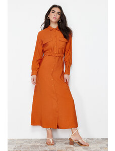 Trendyol Cinnamon Waist Rubber Belted Pocket Detailed Woven Dress