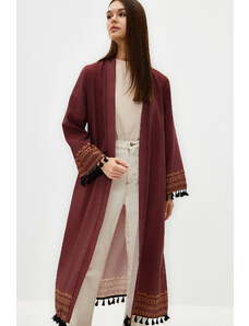 Trendyol Modest Hnedá bavlnená zmes s etnickým vzorom, dlho tkané kimono a kaftan