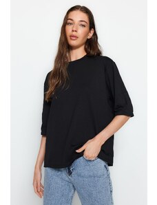 Trendyol Collection Čierne 100% bavlna Premium oversize/široký strih pletené tričko s trojštvrťovým rukávom