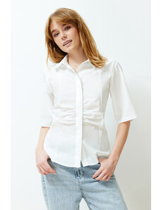 Trendyol Ecru Front Gathered Detail Short Sleeve Fitted/Waist Woven Shirt