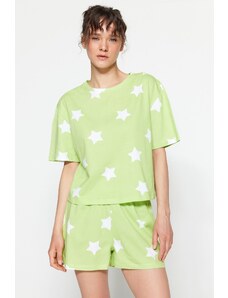 Trendyol Collection Svetlozelená 100% bavlna s hviezdicovým vzorom Tričko-Šortky Pletené pyžamá Súprava