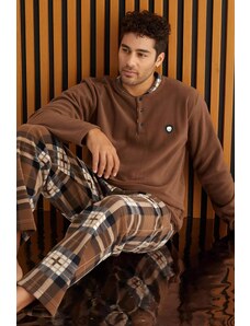 Pijamaevi Hnedý krémový kockovaný fleece pánsky pyžamový set