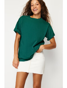 Trendyol Collection Smaragdovo zelené 100 bavlnené tričko Boyfriend/Wide Fit pletené tričko