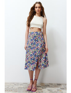 Trendyol Collection Svetlomodrá detailná viskózová tkanina s kvetinovým vzorom tkaná midi sukňa