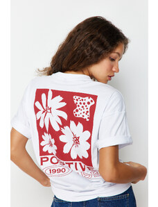 Trendyol Collection Biela 100% bavlna so zadnou potlačou Oversize/Wide Fit Pletené tričko s výstrihom