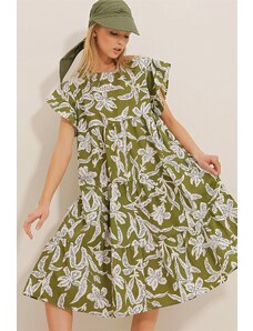 Trend Alaçatı Stili Dámske tmavozelené popelínové šaty s kvetinovým vzorom