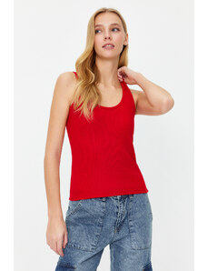 Trendyol Collection Červené priliehavé tričko s výstrihom pri bazéne Rebrované elastické pletené tielko